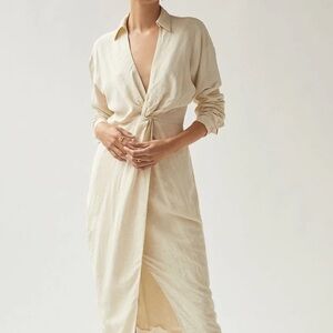 Anthropologie Cream Long Sleeve Twist Front Midi Dress